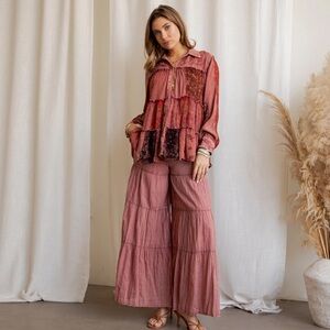 YTS6- (🚨PRE ORDER 2/28) Elegant Garnet Jhabla patchwork top with Wide-Leg Pants